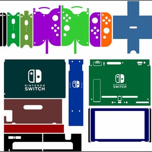 May include: A collection of colorful Nintendo Switch skins in various shapes and sizes. The skins feature a variety of colors, including green, purple, orange, blue, and black. The Nintendo Switch logo is visible on some of the skins.