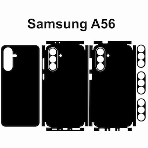 Może przedstawiać: Czarno-białe zdjęcie szablonu etui na telefon Samsung A56. Szablon pokazuje przód, tył i boki etui na telefon.