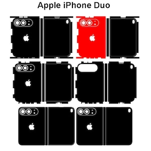 May include: A collection of Apple iPhone Duo vinyl skin templates displayed in black and red. The graphic shows various flat layouts for phone covers, featuring camera cutouts, the Apple logo, and precise edge alignments for device application.