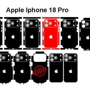 May include: A collection of black and red vinyl skin decals for an Apple iPhone 18 Pro, featuring cutouts for the camera array and Apple logo. The set includes various adhesive templates, one with a red stamp reading TESTED, and two red camera covers.