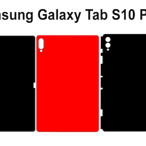 May include: A selection of black and red skins for the Samsung Galaxy Tab S10 Plus. The skins are displayed in a row, with a red skin in the middle and black skins on either side. The text "Samsung Galaxy Tab S10 Plus" is at the top.