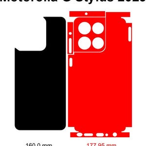 May include: Black and red phone skin template for the Motorola G Stylus 2025. The template shows the phone's outline, with dimensions of 160.0 mm x 72.17 mm and 177.95 mm x 91.0 mm. The phone's camera and button cutouts are visible.