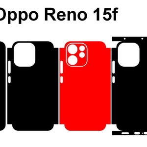 May include: A set of black and red phone skins for an Oppo Reno 15f. The skins are shown in various configurations, with cutouts for the camera and other features. The text "Oppo Reno 15f" is displayed at the top.