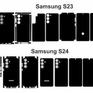 May include: A diagram showing the different pieces of a screen protector for the Samsung S23 and Samsung S24 phones. The diagram shows the front, back, and camera lens pieces.