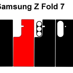 Könnte beinhalten: Ein schwarzes und rotes Handy-Skin-Set für das Samsung Z Fold 7. Das Skin-Set enthält mehrere Teile, um die Vorder-, Rück- und Kamerabereiche des Telefons abzudecken. Der Text "Samsung Z Fold 7" befindet sich oben.