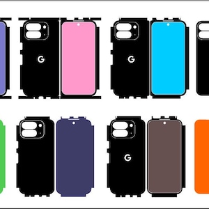 Puede incluir: Una colección de fundas y protectores de pantalla para teléfonos en varios colores, incluyendo negro, azul, rosa, verde, naranja y gris. Las fundas presentan recortes para la cámara y la letra "G".