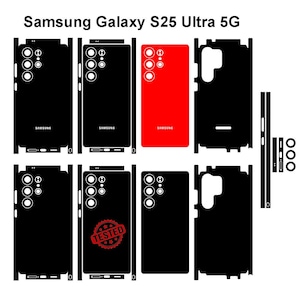 以下が含まれることがあります： Samsung Galaxy S25 Ultra 5G用の黒と赤のビニールスキンデカールセット。背面パネル、カメラレンズ、サイドフレーム用の精密にカットされたパーツが含まれており、Samsungのロゴと赤い円形のTESTEDスタンプがデザインされています。