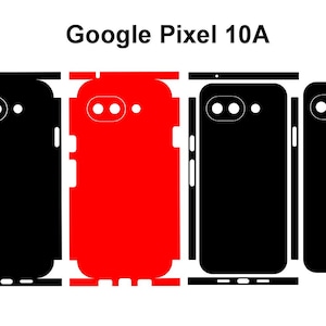May include: A set of adhesive vinyl skins for a Google Pixel 10A smartphone, featuring three black and one bright red die-cut templates. Each skin includes precise cutouts for the rear camera module, flash, and side buttons for device coverage.