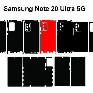 May include: A collection of black and red phone skins for a Samsung Note 20 Ultra 5G. The skins are shown in various configurations, with cutouts for the camera and other features. The text "Samsung Note 20 Ultra 5G" is at the top.