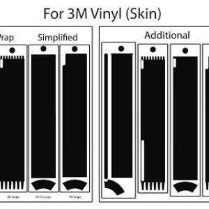 May include: Diagram showing different 3M vinyl skin options for a device. The options include full wrap, simplified, and additional.