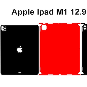 以下が含まれることがあります： 黒と赤のApple iPad M1 12.9用スキン画像。黒いスキンには白いAppleロゴが付いています。赤いスキンはiPadの背面全体を覆っています。画像はiPadの背面と側面用のスキンを示しています。