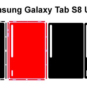 Puede incluir: Imagen de Samsung Galaxy Tab S8 Ultra. La imagen muestra cuatro contornos de tabletas, con el texto "Samsung Galaxy Tab S8 Ultra" en la parte superior. Dos tabletas son negras, una es roja y otra es negra.