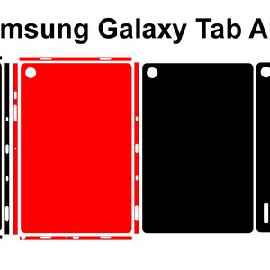 Könnte beinhalten: Abbildung von Samsung Galaxy Tab A9+ Skins in Schwarz und Rot. Die Skins werden in einer Draufsicht gezeigt, wobei die Umrisse des Tablets sichtbar sind. Der Text "Samsung Galaxy Tab A9+" befindet sich oben im Bild.