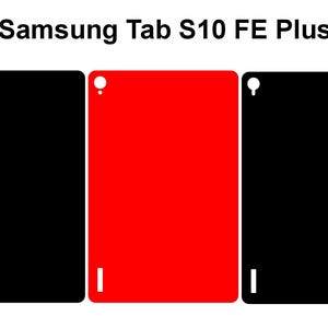May include: Three rectangular tablets are displayed. The central tablet is red, with black tablets on either side. Each tablet features a white dot and a line. The text "Samsung Tab S10 FE Plus" is at the top of the image.
