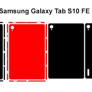 May include: Image showing Samsung Galaxy Tab S10 FE skins in black and red. The skins are displayed flat, outlining the tablet. The text "Samsung Galaxy Tab S10 FE" is at the top of the image.