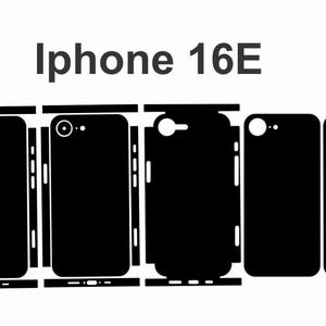 May include: A black and white illustration of a phone case template for an iPhone 16E. The template shows the front, back, and sides of the phone case.