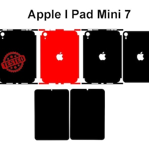 Könnte beinhalten: Ein Set aus schwarzen und roten Klebefolien für das Apple iPad Mini 7 mit Aussparungen für Kamera und Logo. Der Text Apple I Pad Mini 7 steht oben, und eine schwarze Folie enthält einen roten kreisförmigen Stempel mit dem Wort TESTED.