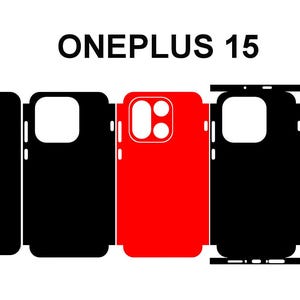 May include: A collection of black and red phone skins for the OnePlus 15. The skins include cutouts for the camera, buttons, and other features. The text "ONEPLUS 15" is displayed at the top.