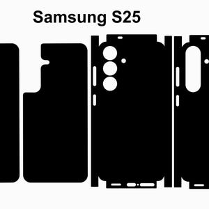 May include: A black and white image showing a phone screen protector kit for the Samsung S25. The kit includes a full-body screen protector, a camera lens protector, and a side protector.