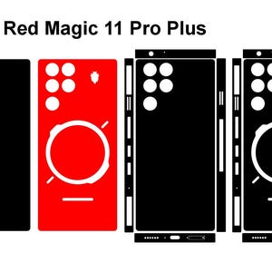 May include: A graphic showing the design of a phone skin for the Red Magic 11 Pro Plus. The design includes black and red panels with white circular and geometric accents. The text "Red Magic 11 Pro Plus" is at the top.