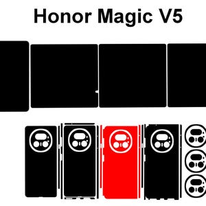 以下が含まれることがあります： Honor Magic V5 用の黒い電話スキンと赤いスキンのコレクション。 スキンはさまざまな形とサイズで表示され、カメラやその他の機能の切り抜きがあります。 上部には「Honor Magic V5」の文字があります。