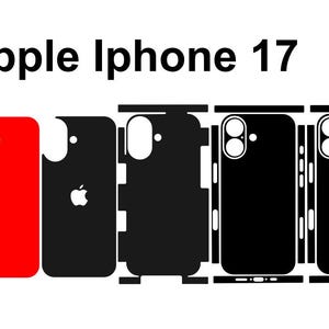 May include: A collection of black and red iPhone 17 skins. The skins are in various shapes and sizes, with cutouts for the camera and other features. The Apple logo is visible on some of the black skins. The text "Apple iPhone 17" is at the top.