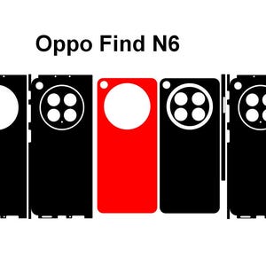 以下が含まれることがあります： 黒と赤のOppo Find N6電話スキンコレクション。カメラやその他の機能用のカットアウトが施されています。 スキンは白い背景に表示されます。 上部には「Oppo Find N6」というテキストがあります。