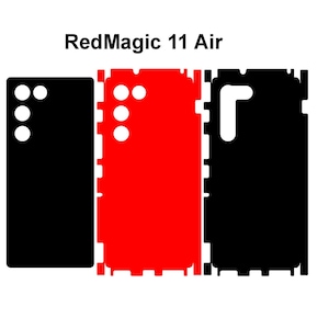 May include: Three phone skins in black and red. The black skins have cutouts for the camera and other features. The red skin has a solid color with cutouts. The text "RedMagic 11 Air" is at the top.