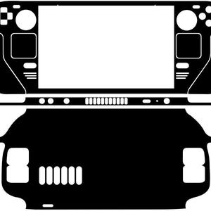 May include: A black and white graphic of a handheld gaming device, featuring a screen, buttons, and control sticks. The design includes a top and bottom view, showcasing the device's layout and components.