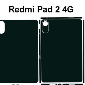 Può includere: Pellicola nera per tablet con contorno bianco, con il testo "Redmi Pad 2 4G". Il design include ritagli per la fotocamera e altre funzioni. Le dimensioni del tablet sono di circa 25,4 cm.