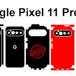 May include: A collection of nine smartphone skin templates for the Google Pixel 11 Pro XL 5G. Eight templates are black, featuring camera cutouts and a 'G' logo, while one central template is red with a 'TESTED' stamp and one is solid red.