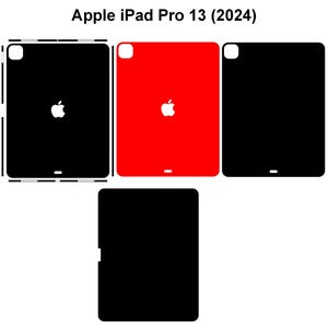 Può includere: Immagine di skin per Apple iPad Pro 13 (2024) in nero e rosso. Ogni skin presenta il logo Apple. Le skin nere hanno un bordo bianco. L'immagine mostra la parte anteriore e posteriore delle skin per iPad.
