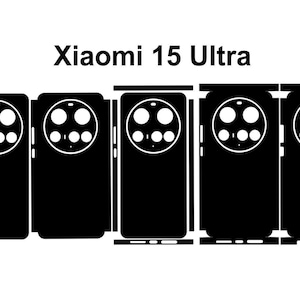 Puede incluir: Una imagen en blanco y negro que muestra una plantilla de protector de pantalla para el Xiaomi 15 Ultra. La plantilla incluye el cuerpo del teléfono, la lente de la cámara y una plantilla separada para la protuberancia de la cámara.