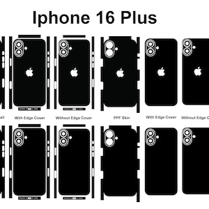 Op de afbeelding: Een zwarte vinyl skin-sjabloon voor een iPhone 16 Plus, met diverse uitsparingen voor volledige wrap, randbedekking en schermbescherming. De lay-out bevat labels zoals Full Wrap, Full Wrap Easy Install, With Edge Cover, Without Edge Cover, PPF Skin en Screen.