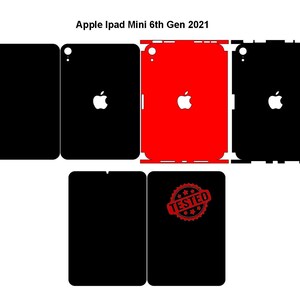 Könnte beinhalten: Ein Set aus Vinyl-Aufklebern für das Apple iPad Mini 6. Generation 2021, bestehend aus verschiedenen schwarzen und roten rechteckigen Klebefolien mit Aussparungen für Kamera und Logo. Ein schwarzer Aufkleber zeigt einen roten Stempel mit TESTED.