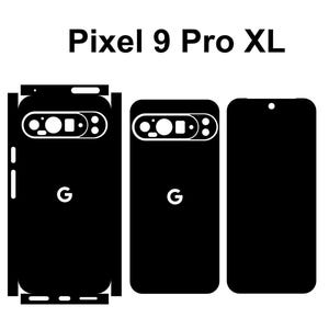 Puede incluir: Ilustración en blanco y negro de un teléfono inteligente Google Pixel 9 Pro XL. El teléfono tiene un objetivo de cámara con tres círculos y el logotipo de Google en la parte posterior.