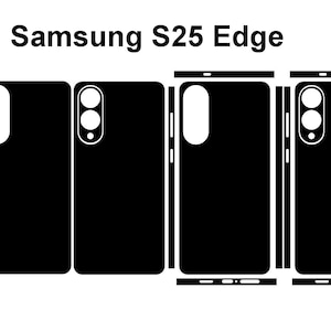 May include: Black and white graphic of Samsung S25 Edge phone skins. The image shows the front, back, and side views of the phone, with cutouts for the camera and buttons. The text "Samsung S25 Edge" is at the top.