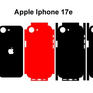May include: Phone skins for the Apple iPhone 17e in black and red. The image shows the phone skins with cutouts for the camera and buttons. The Apple logo is visible on one of the black skins. The text "Apple iPhone 17e" is at the top.