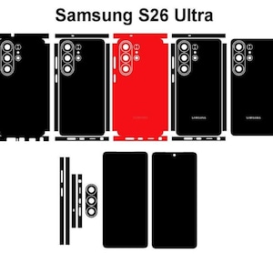 Puede incluir: Una colección de fundas para teléfonos negras y rojas para el Samsung S26 Ultra. Las fundas se muestran en varias configuraciones, incluyendo cubiertas traseras, protectores de pantalla y protectores de lentes de cámara. El texto "Samsung S26 Ultra" se muestra en la parte superior.