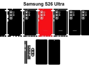 May include: A collection of black and red phone skins for the Samsung S26 Ultra. The skins are shown in various configurations, including back covers, screen protectors, and camera lens protectors. The text "Samsung S26 Ultra" is displayed at the top.