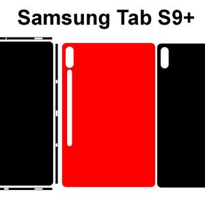 Puede incluir: Imagen de skins para Samsung Tab S9+ en negro y rojo. Las skins se muestran planas, delineando la tableta. El texto "Samsung Tab S9+" está en la parte superior de la imagen.