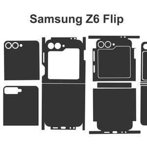 May include: A black and white diagram showing the different pieces of a phone skin for the Samsung Z6 Flip.