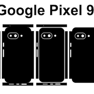 Op de afbeelding: Een zwart-wit silhouet van een Google Pixel 9A telefoon met een camera lens aan de achterkant. De telefoon wordt in verschillende secties getoond, waaronder de voorkant, de achterkant en de zijkanten.