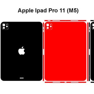 Pode incluir: Imagem de skins para Apple iPad Pro 11 (M5) em preto e vermelho. As skins pretas têm um logotipo Apple branco e um conjunto de câmeras. A skin vermelha é sólida. O texto "Apple iPad Pro 11 (M5)" está no topo.