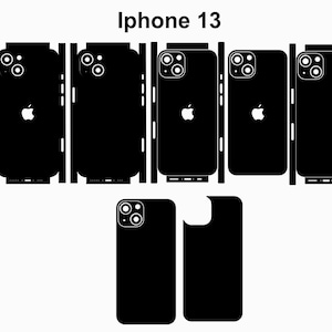 Może przedstawiać: Czarno-biały szablon skórki telefonu do iPhone'a 13. Szablon pokazuje przód, tył i boki telefonu.