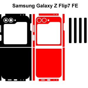 May include: A black and red phone skin set for the Samsung Galaxy Z Flip7 FE. The set includes a black skin, a red skin, and a set of black accent pieces. The phone skins have cutouts for the camera and other features. The text "Samsung Galaxy Z Flip7 FE" is at the top.