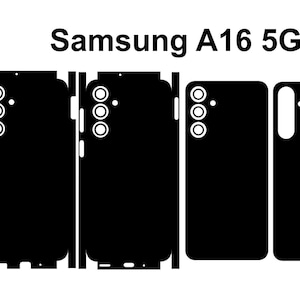 May include: A black and white template for a Samsung A16 5G phone skin. The template includes the front, back, and sides of the phone.