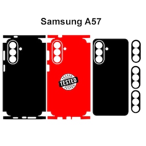 May include: Image of Samsung A57 phone skins in black and red. The black skins have a white camera module. The red skin has a "TESTED" stamp. The text "Samsung A57" is at the top.