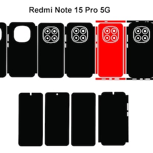 Puede incluir: Una colección de fundas para teléfonos negras y rojas para el Redmi Note 15 Pro 5G. Las fundas se muestran en varias formas y tamaños, incluyendo la parte trasera, los laterales y los protectores de pantalla. El texto "Redmi Note 15 Pro 5G" está en la parte superior.