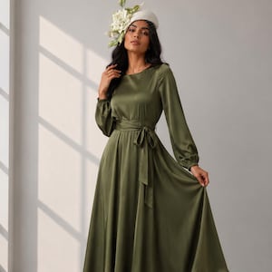 olive green satin dress long sleeve Maxi Dress, Lapel Neck A-line Formal Dress, Elegant Evening Style:dress